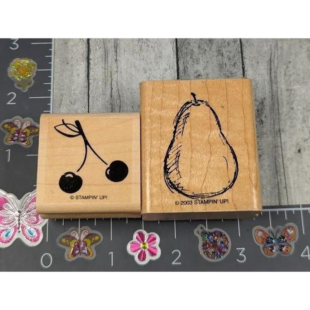 Stampin' Up! Pear Cherries Fruit Lot of 2 Rubber Stamp Wood #L61